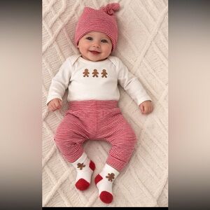 NWT! Baby Holiday Gingerbread Bodysuit & Stripe Pants Set - White & Red